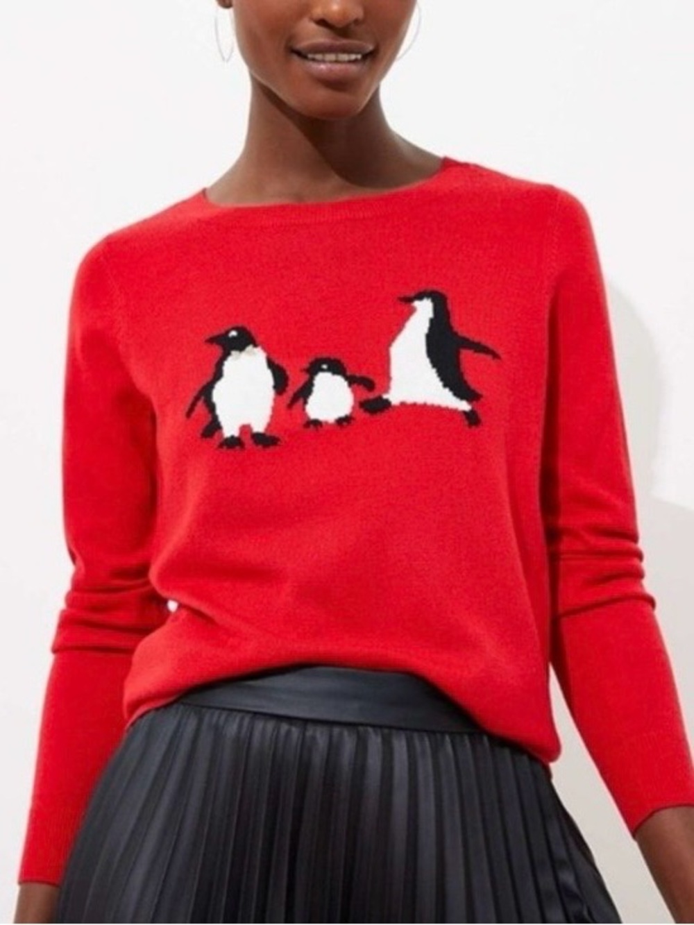LOFT Womens Penguin Family Knit Sweater Large Red Holiday Winter Novelty Animal